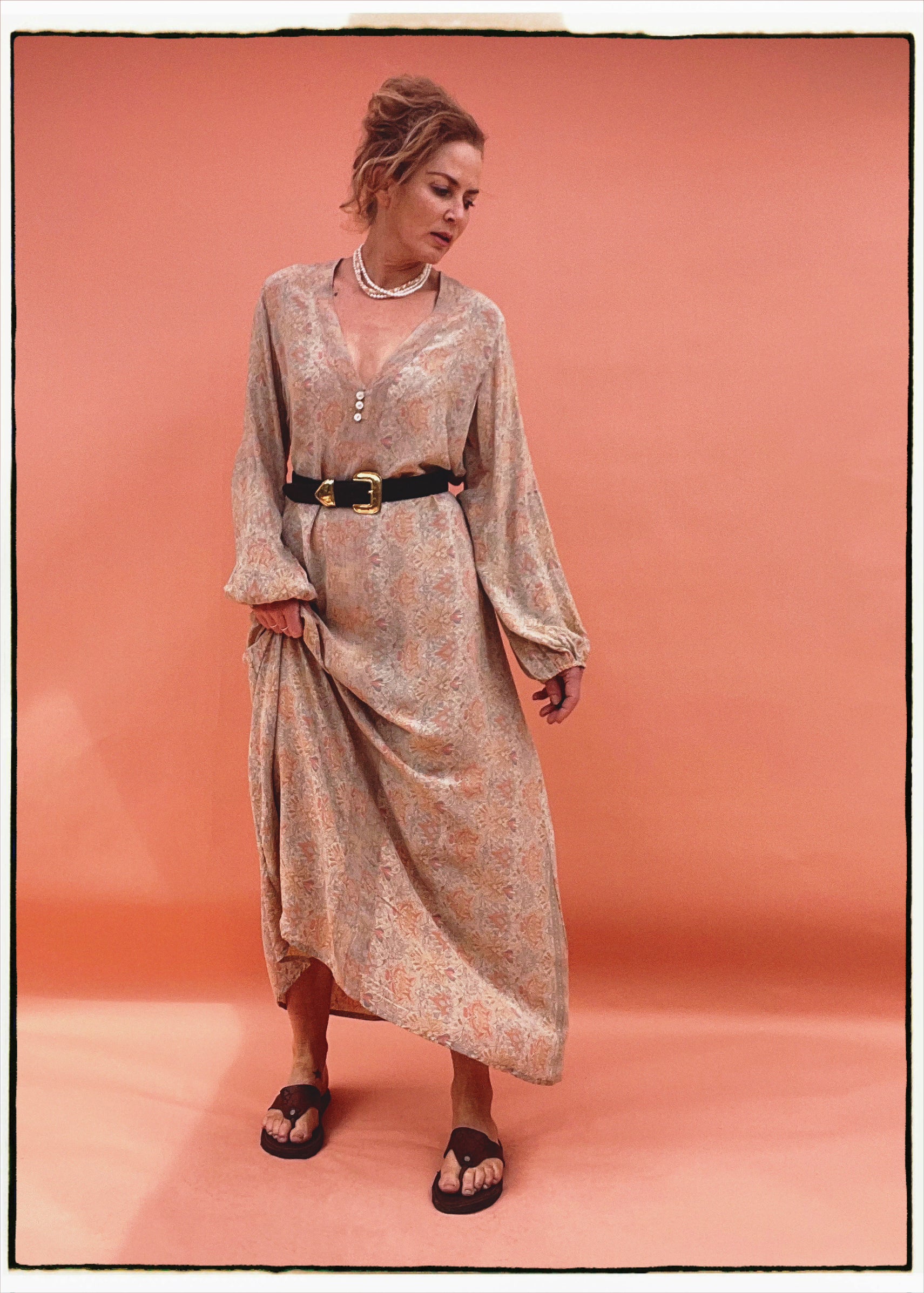 Zea Silk Crepe Kaftan Maxi Dress ~  Pearl XL