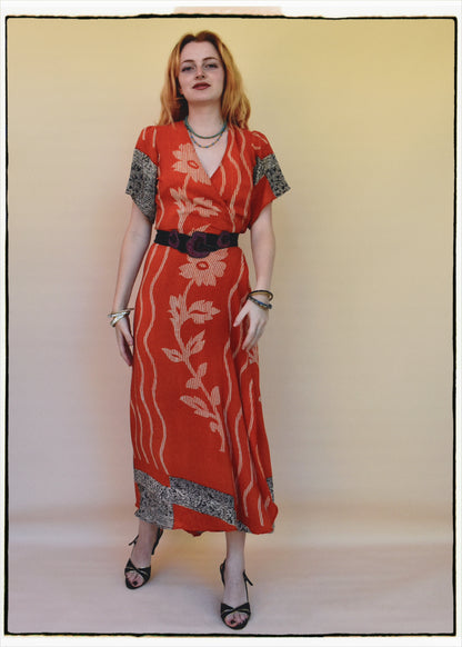 Liatris Silk Crepe Flutter Sleeve Wrap Dress ~ Tangerine S