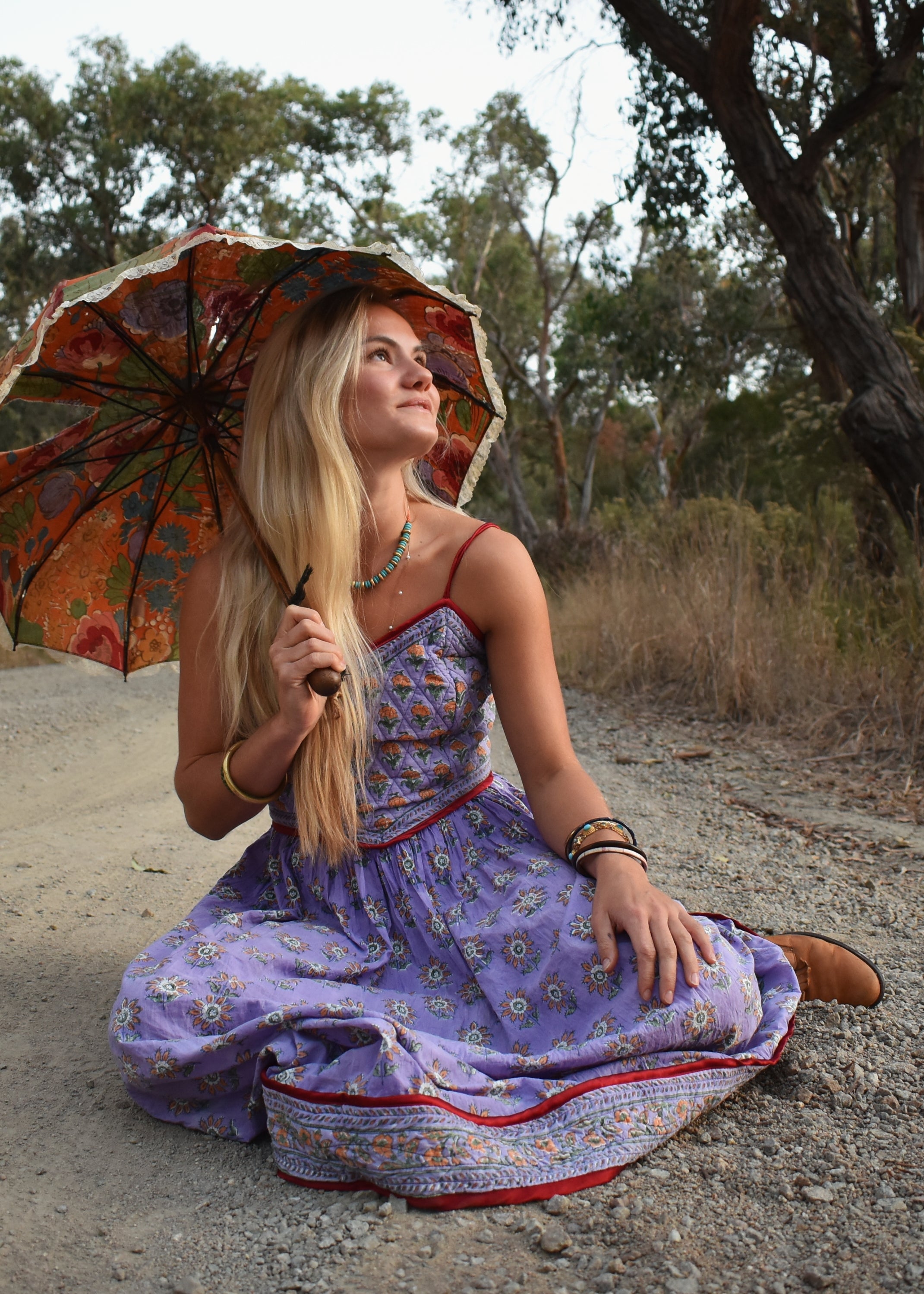 Crepe Myrtle Quilted, Block Print Dress ~ Lavender