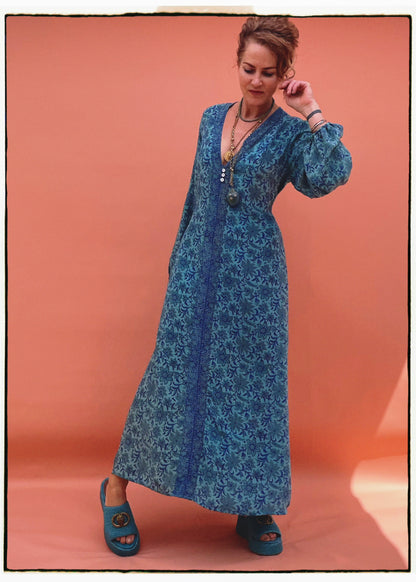 Zea Silk Crepe Kaftan Maxi Dress ~  Pacific XL