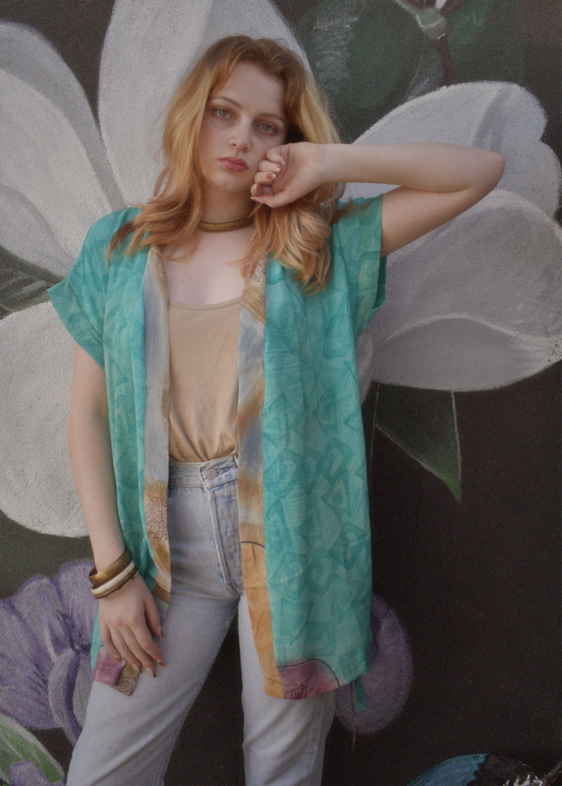 Pilea Silk Crepe Wrap Kimono Top ~ Cyan L/XL
