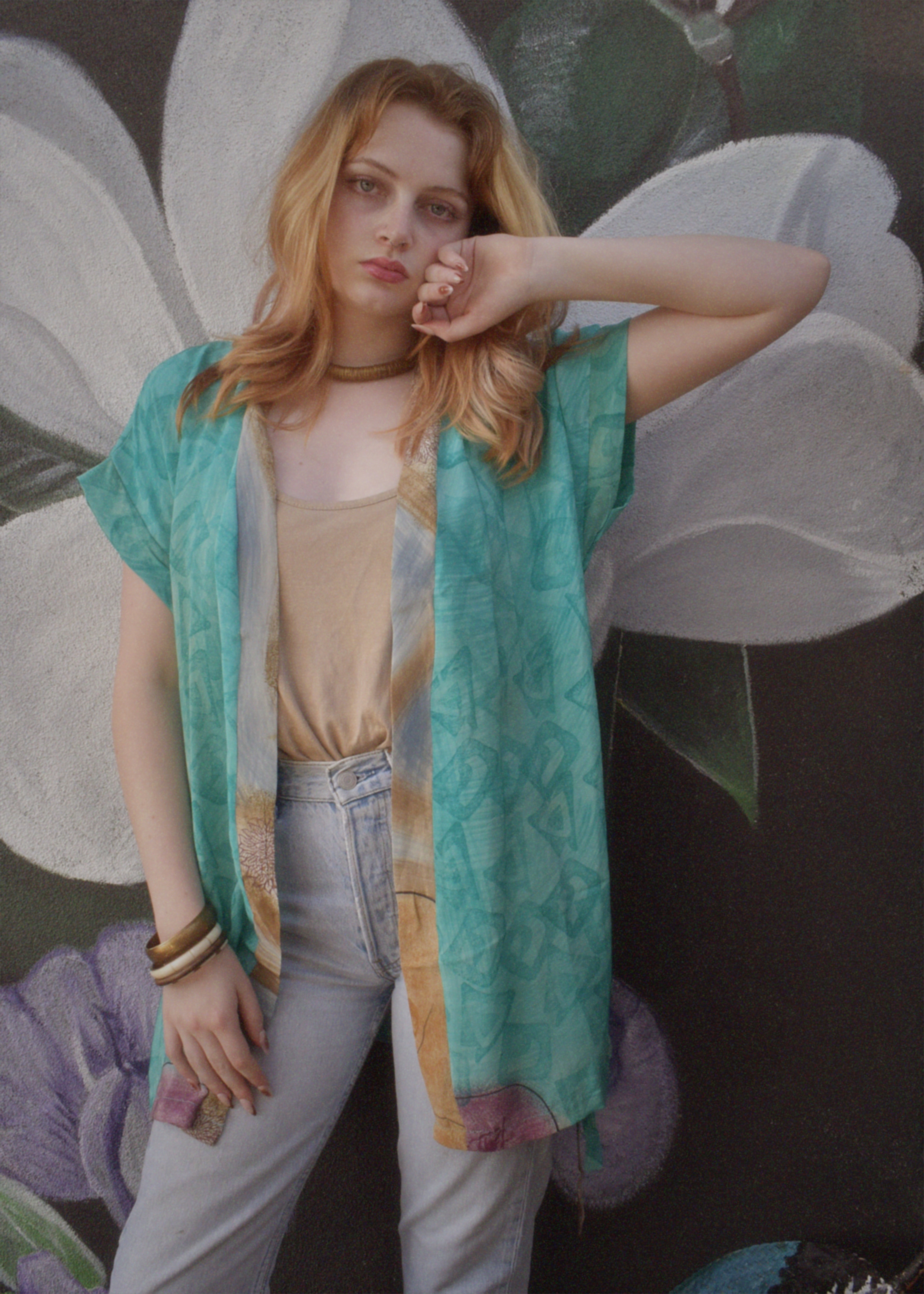 Pilea Silk Crepe Wrap Kimono Top ~ Cyan L/XL