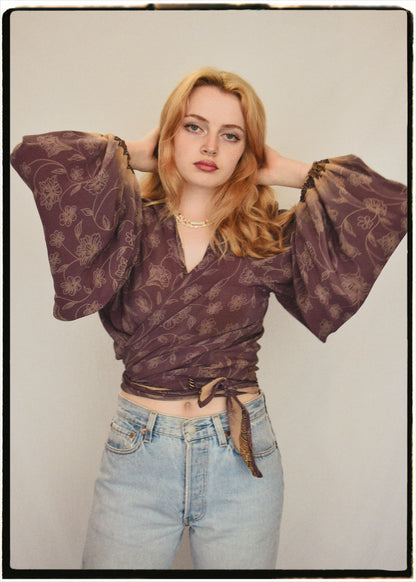 Hoya Silk Crepe Balloon Sleeve Wrap Top ~ Dusty Mauve L