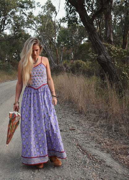 Crepe Myrtle Quilted, Block Print Dress ~ Lavender