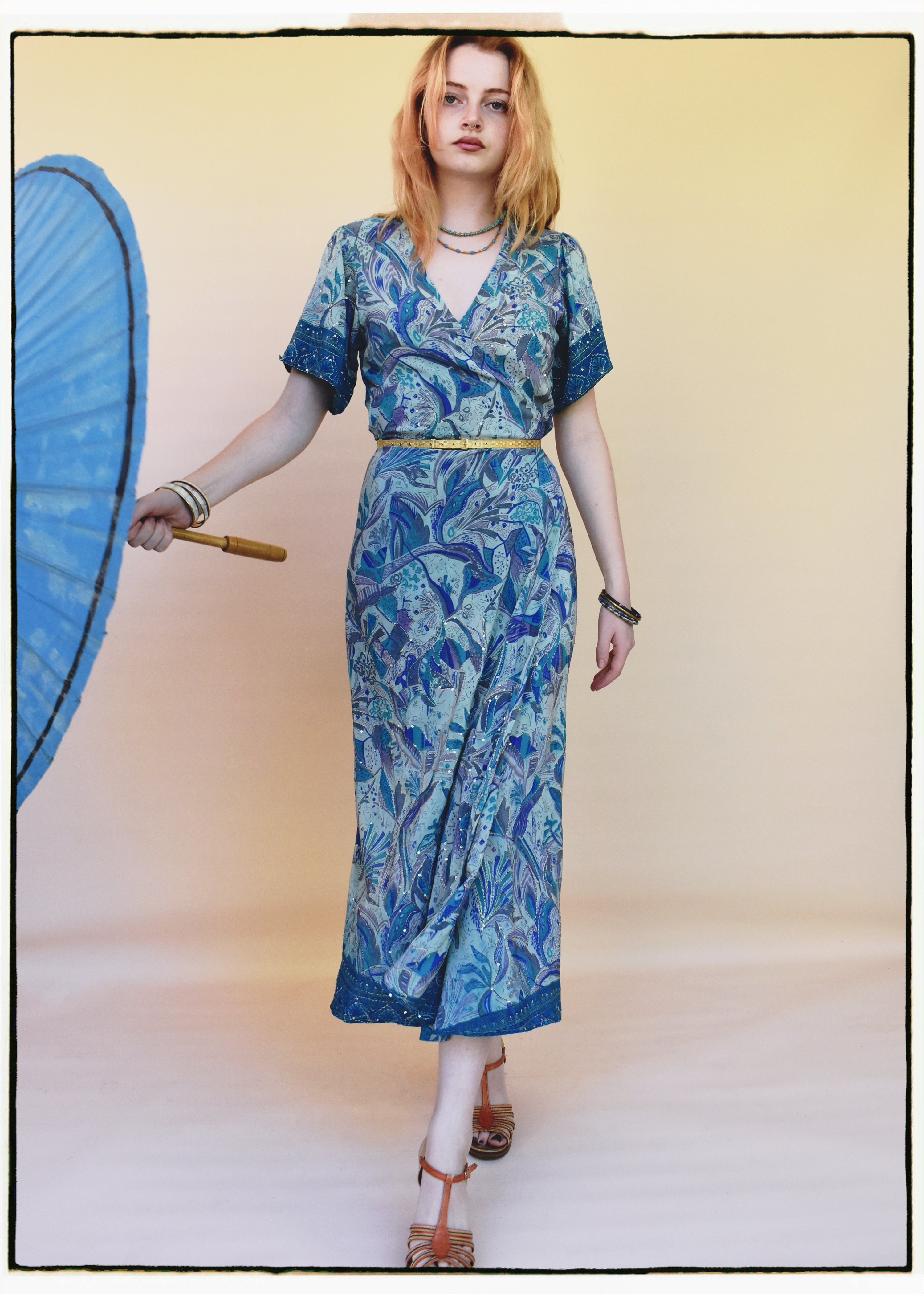 Liatris Silk Crepe Flutter Sleeve Wrap Dress ~ Skyride S