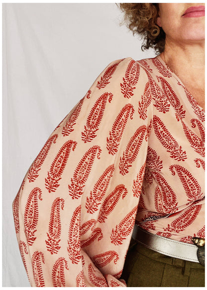 Hoya Silk Crepe Balloon Sleeve Wrap Top ~ Potpourri S