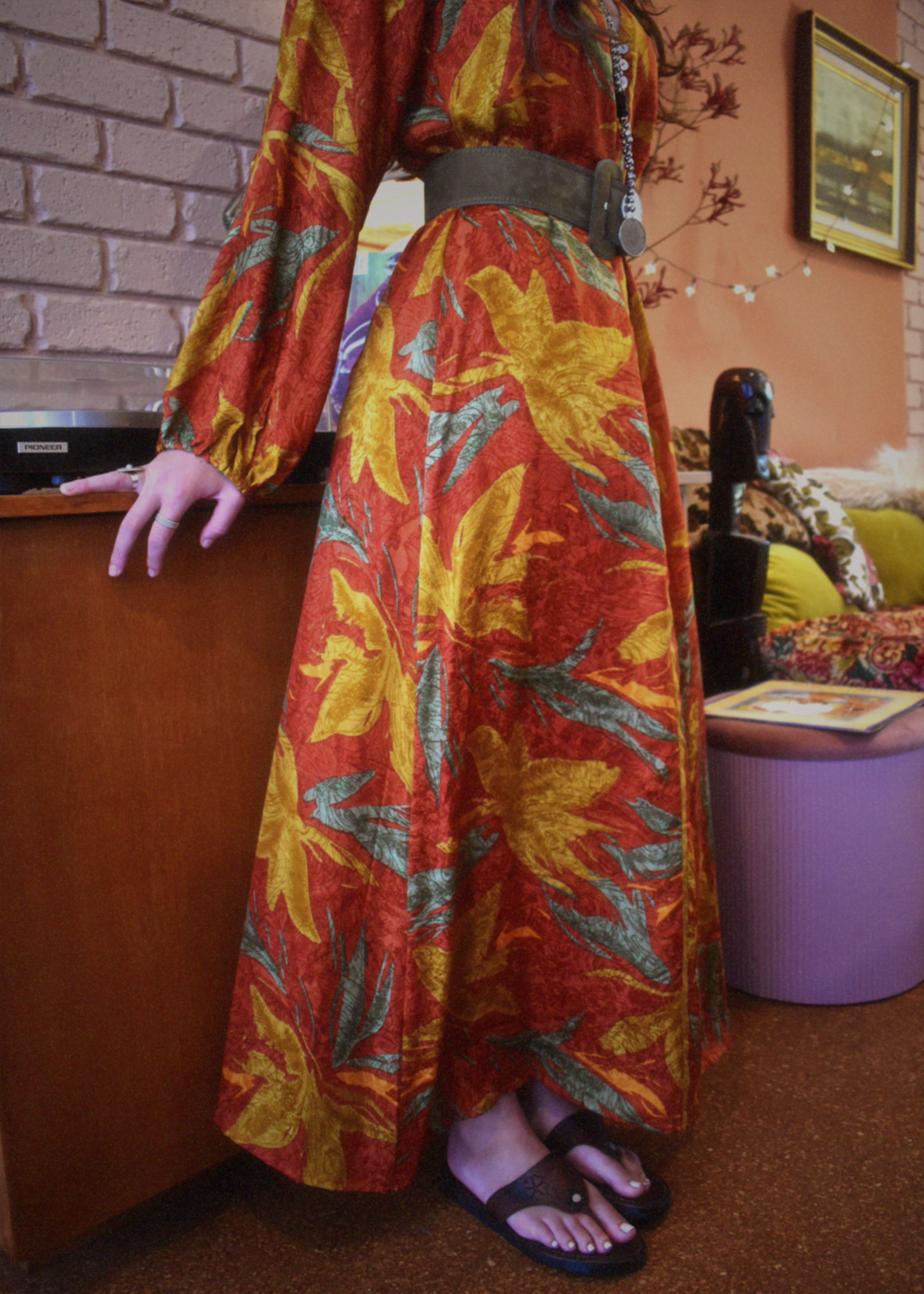 Zea Silk Crepe Kaftan Maxi Dress ~  Tangerine L