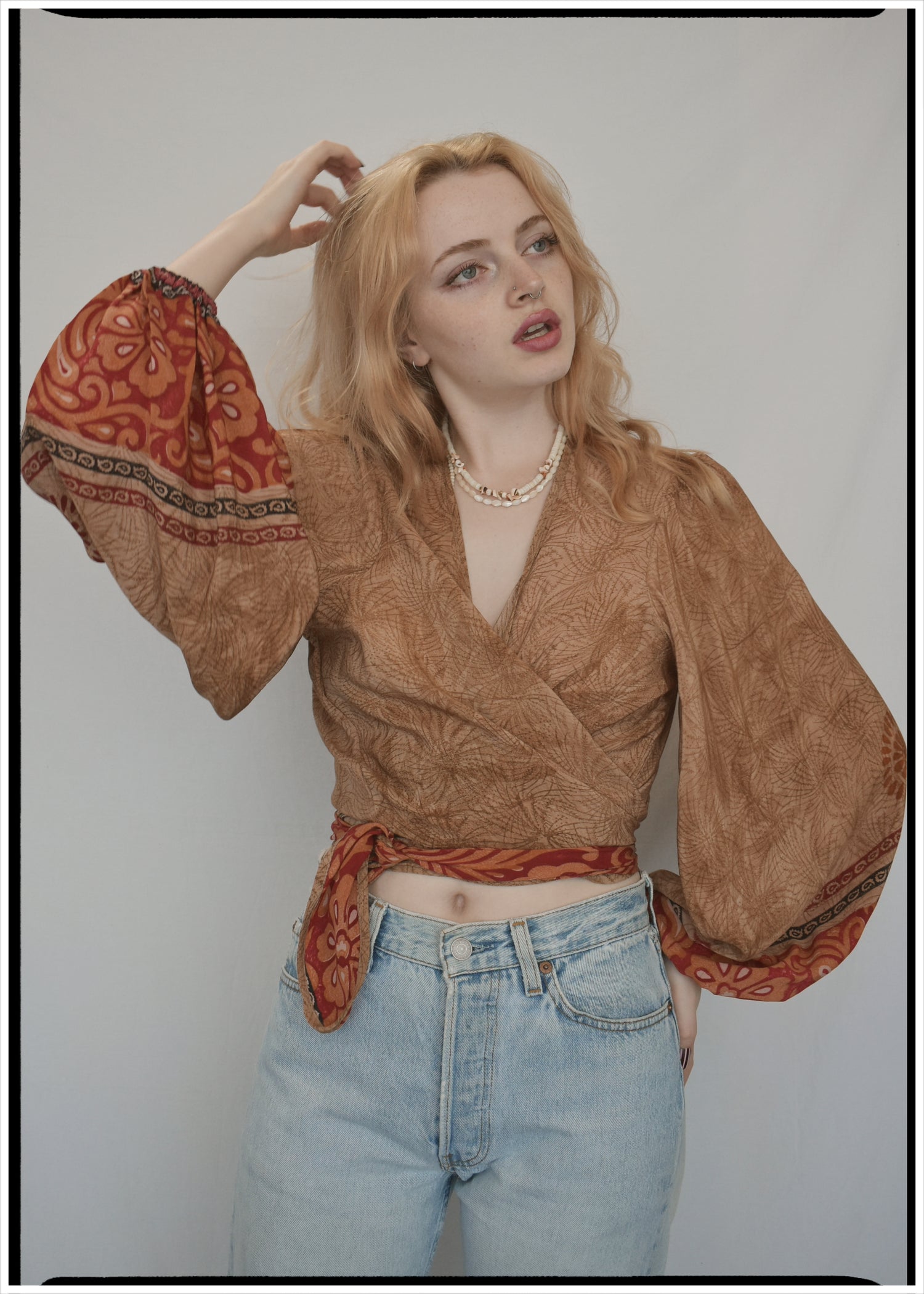 Hoya Silk Crepe Balloon Sleeve Wrap Top ~ Nougat L