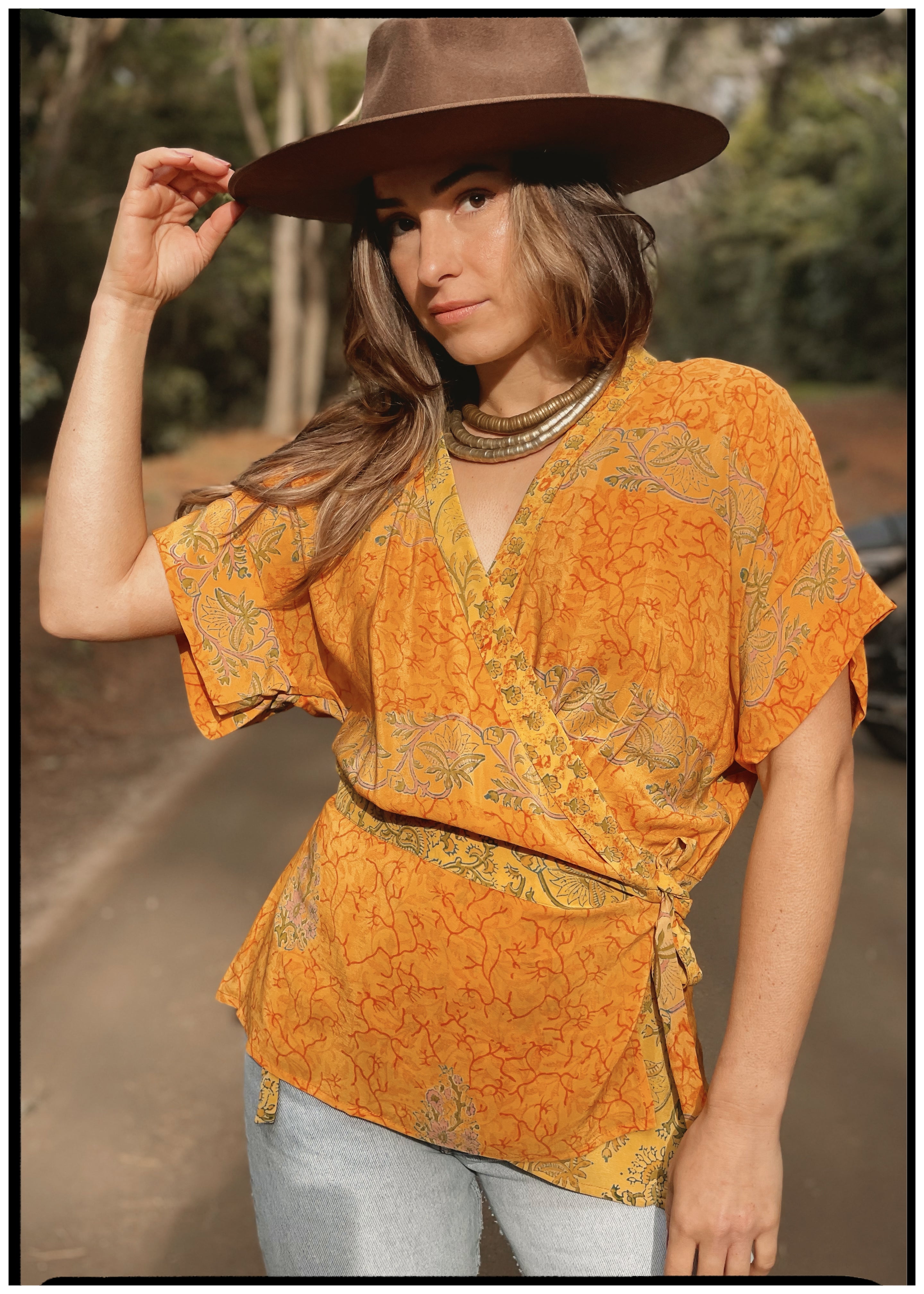 Bassia Silk Crepe Cross Tie Front Blouse ~ Marigold XL