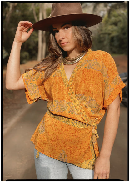 Bassia Silk Crepe Cross Tie Front Blouse ~ Marigold XL