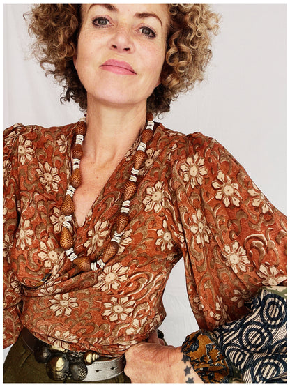 Hoya Silk Crepe Balloon Sleeve Wrap Top ~ Umber S