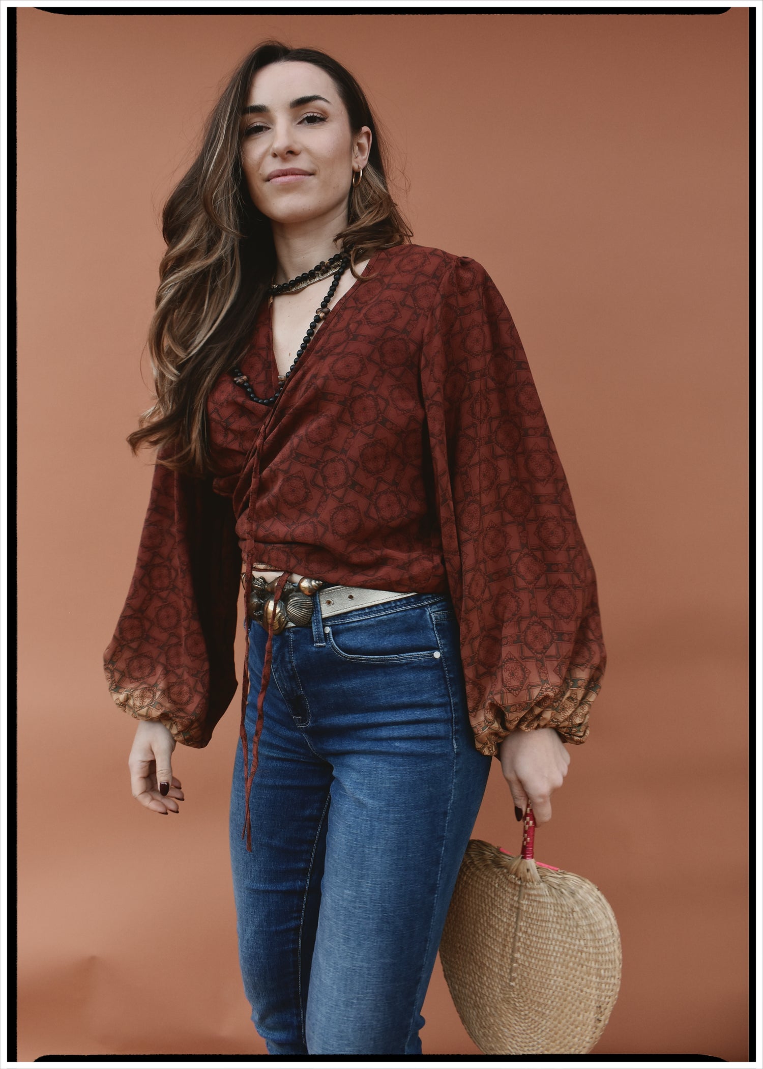 Hoya Silk Crepe Balloon Sleeve Wrap Top ~ Sequoia L