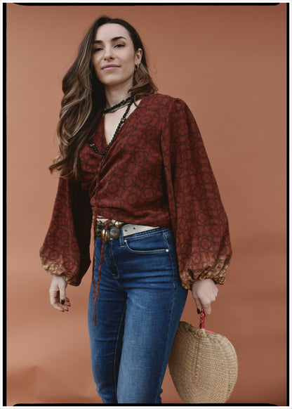 Hoya Silk Crepe Balloon Sleeve Wrap Top ~ Sequoia L