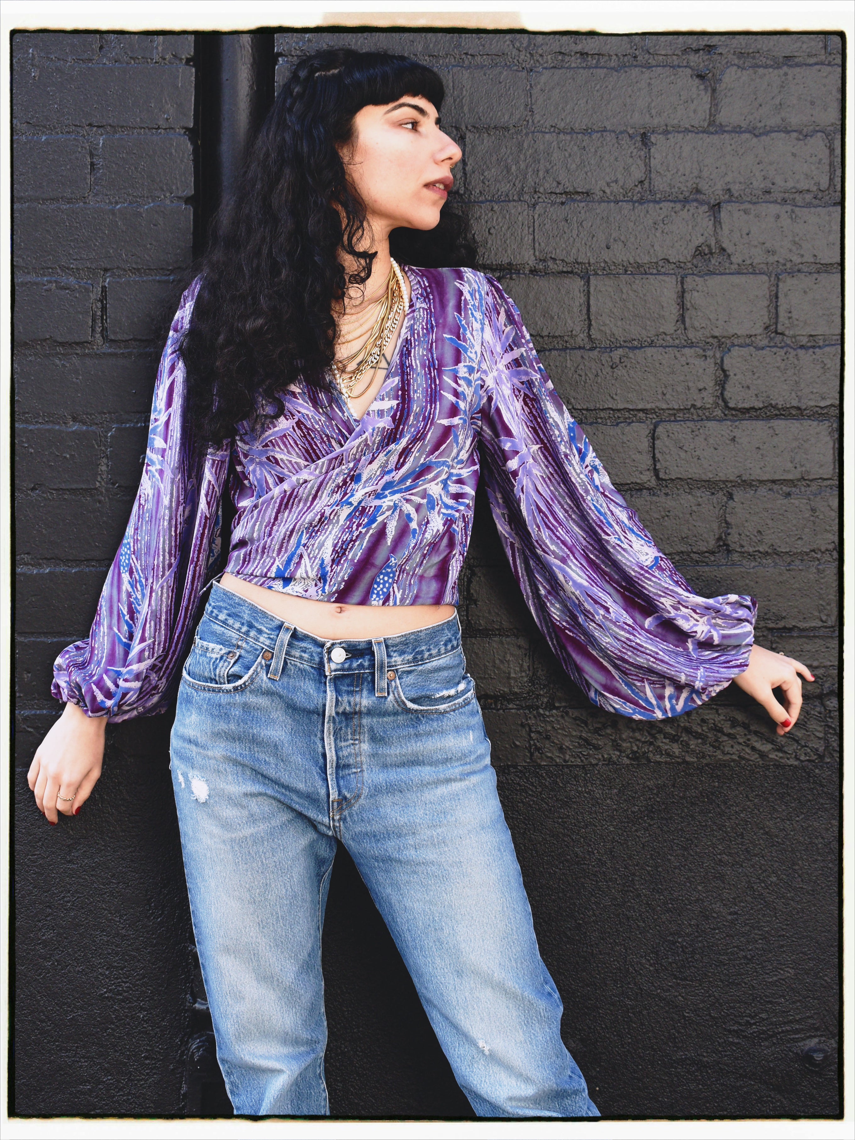 Hoya Silk Crepe Balloon Sleeve Wrap Top ~ Mauve XS