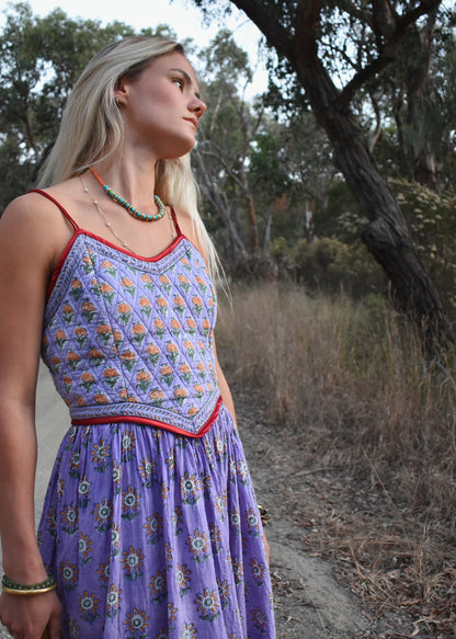 Crepe Myrtle Quilted, Block Print Dress ~ Lavender