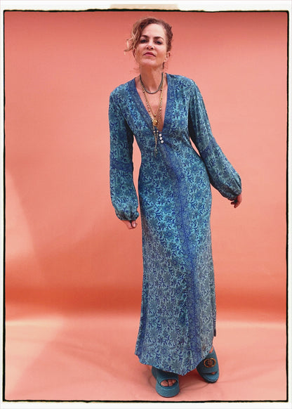 Zea Silk Crepe Kaftan Maxi Dress ~  Pacific XL