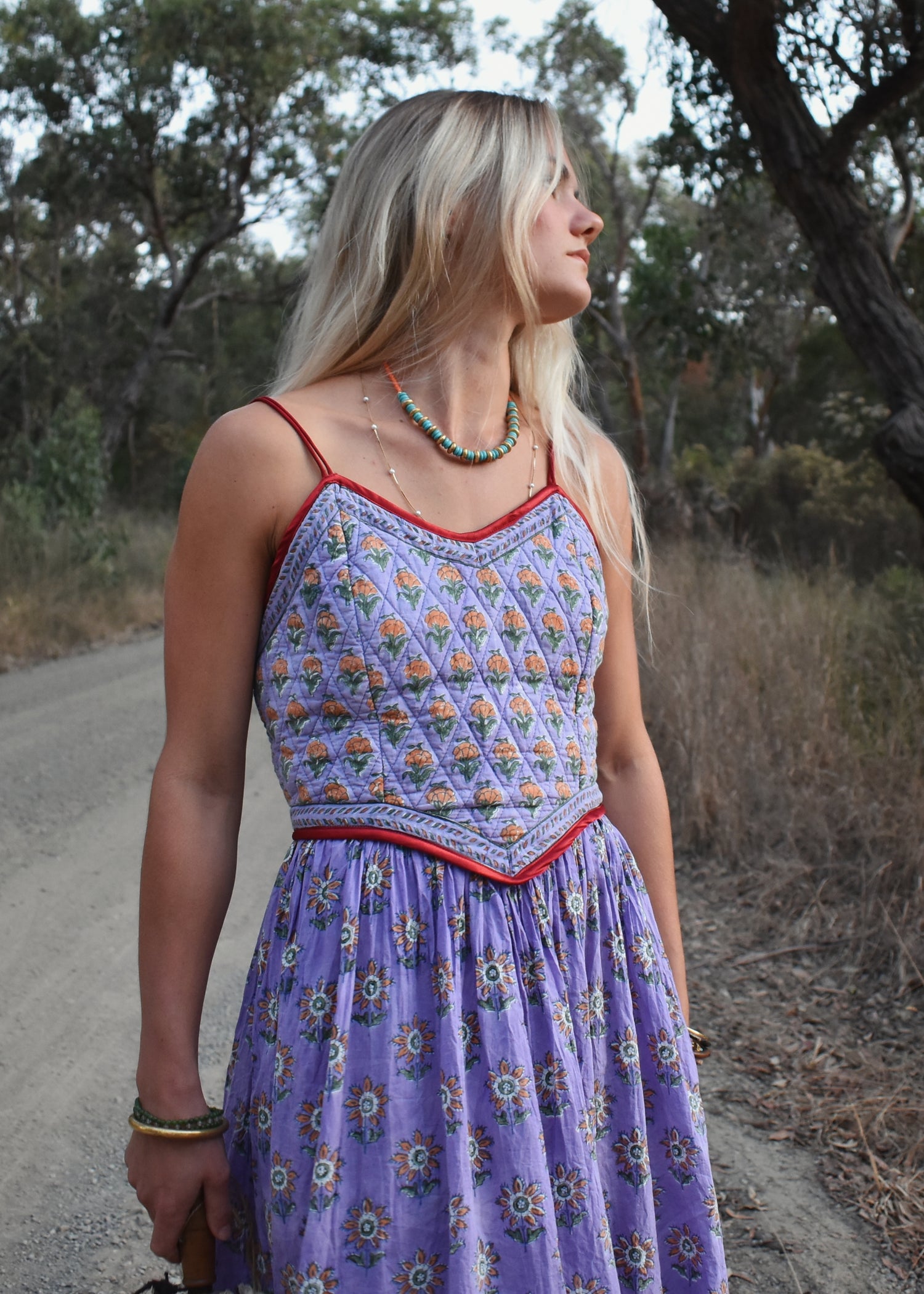 Crepe Myrtle Quilted, Block Print Dress ~ Lavender