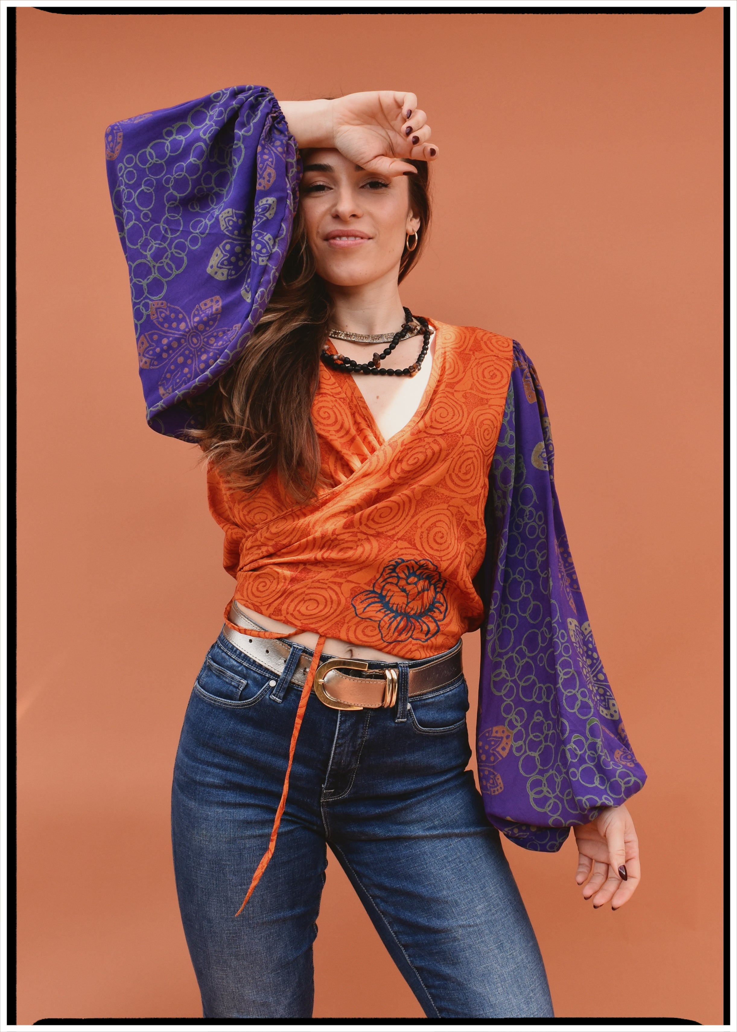 Hoya Silk Crepe Balloon Sleeve Wrap Top ~ Puffin L