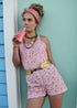 pink digital printed cotton playsuit beach suit bathing suit romper onesie with mother of pearl button closure