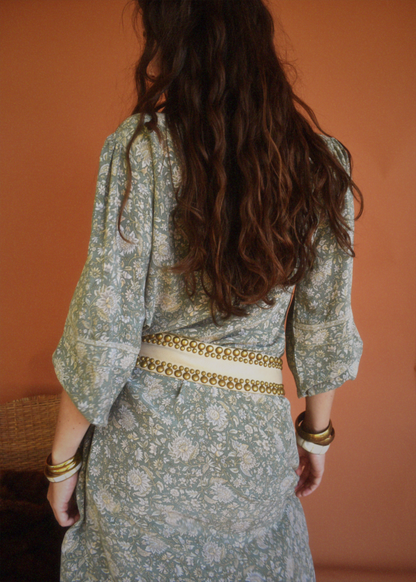 Zea Silk Crepe Kaftan Maxi Dress ~  Sea Mist M