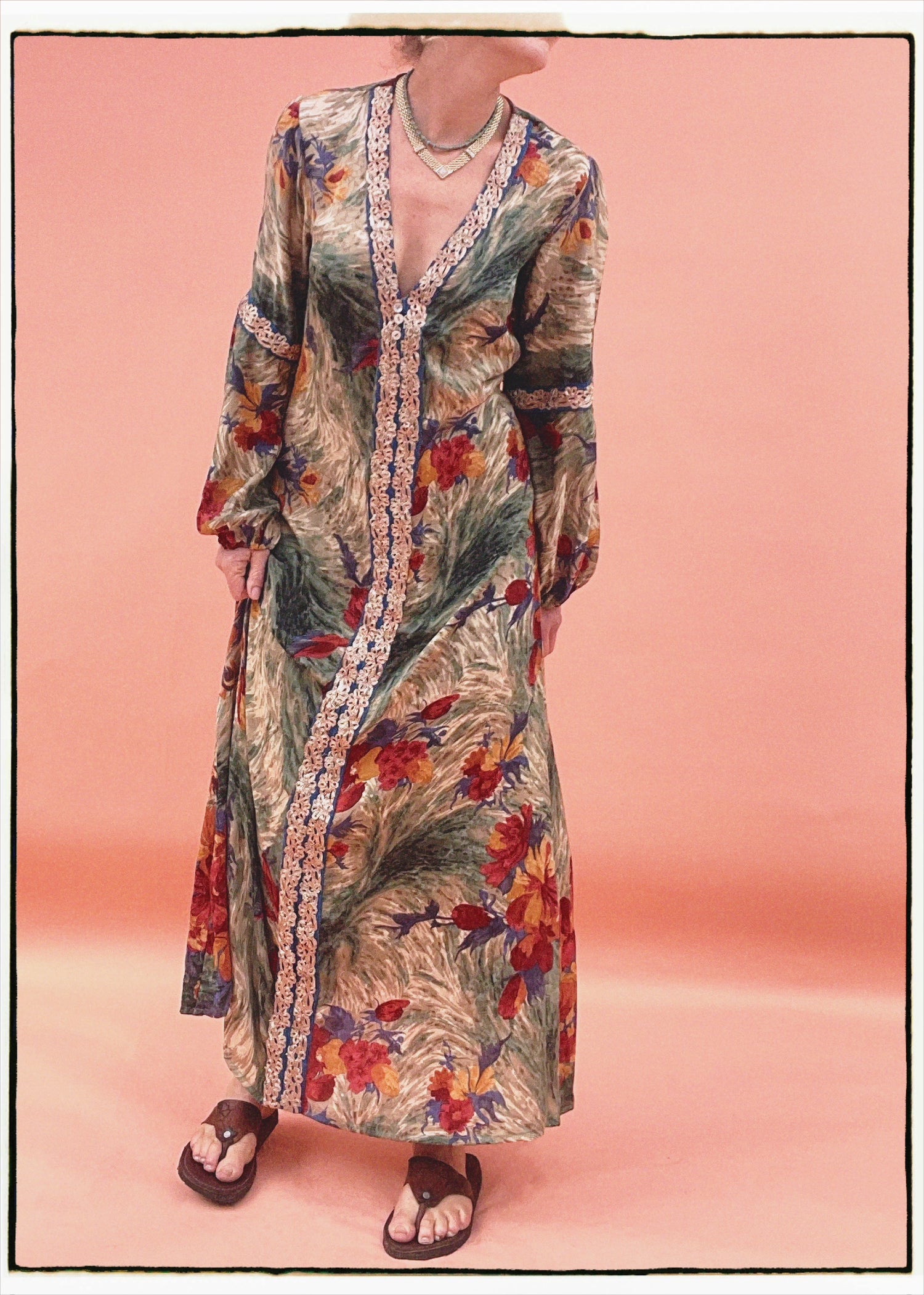 Zea Silk Crepe Kaftan Maxi Dress ~  Antique M