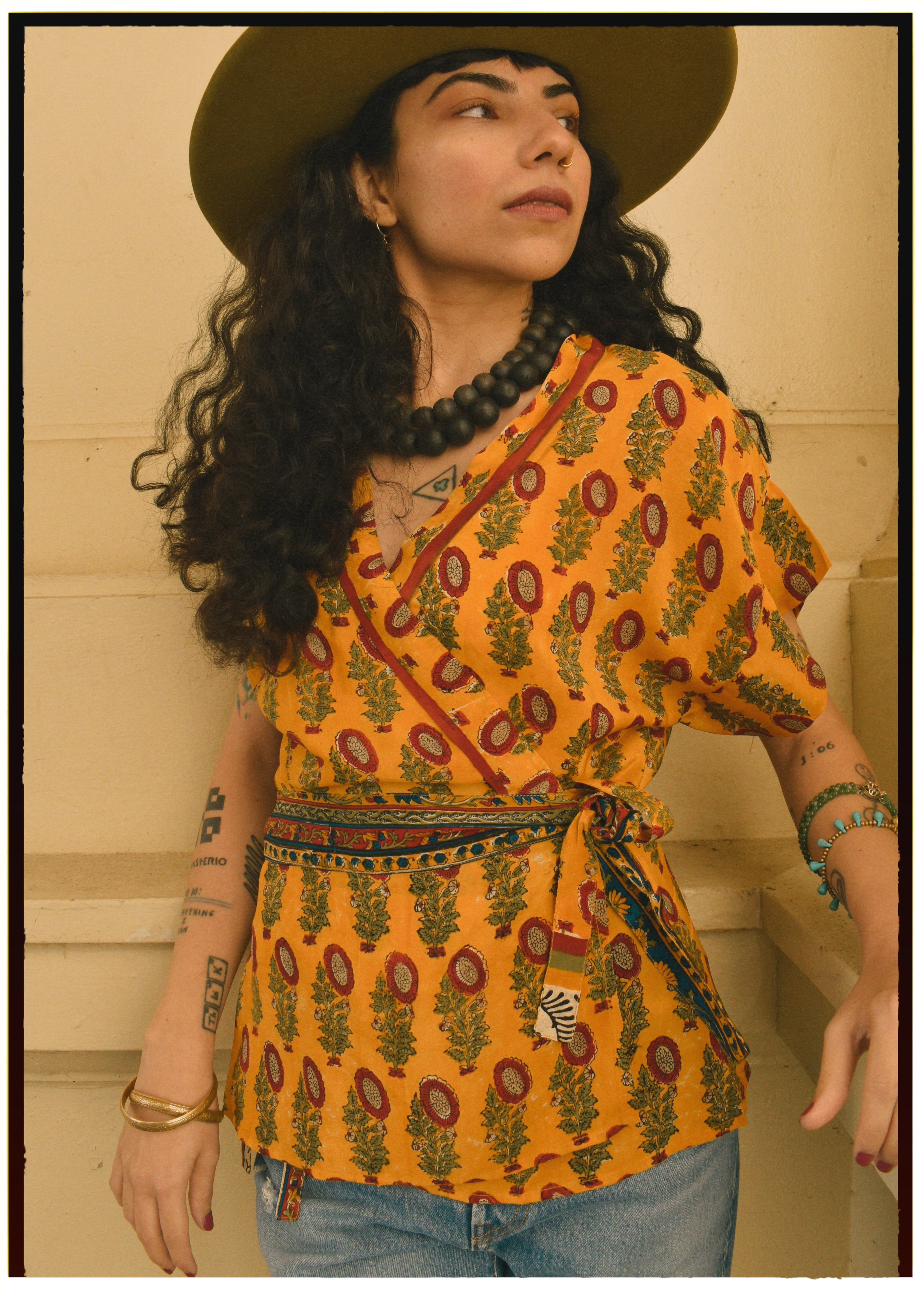 Bassia Silk Crepe Cross Tie Front Blouse ~ Marigold XS