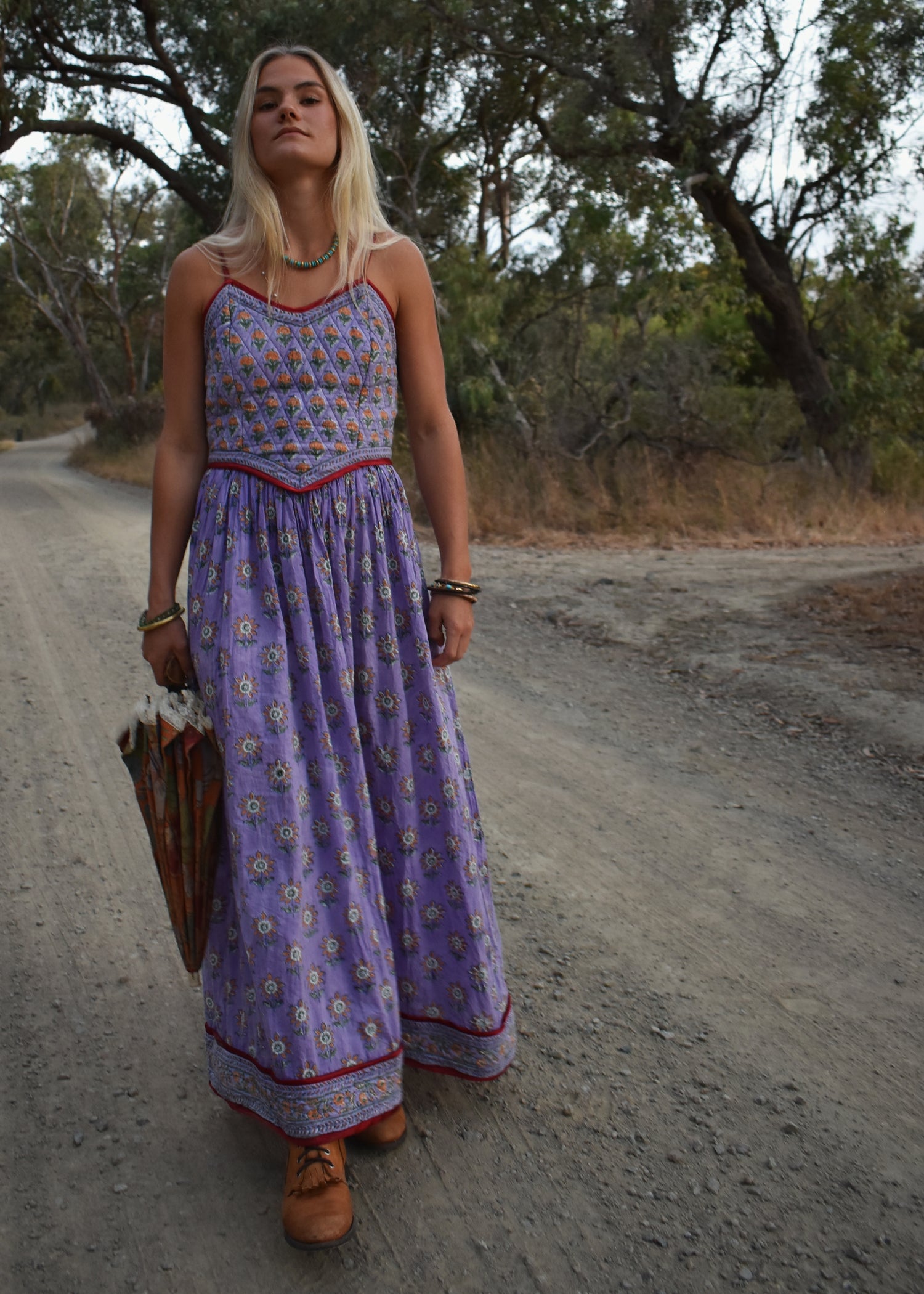 Crepe Myrtle Quilted, Block Print Dress ~ Lavender