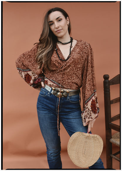 Hoya Silk Crepe Balloon Sleeve Wrap Top ~ Boheme XL