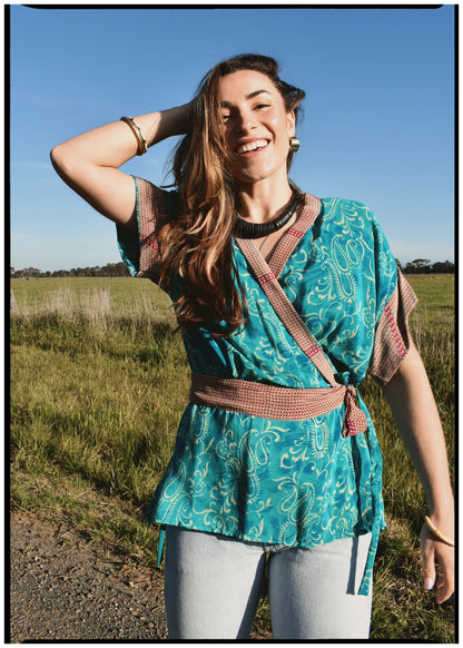 Bassia Silk Crepe Cross Tie Front Blouse ~ Spectra L