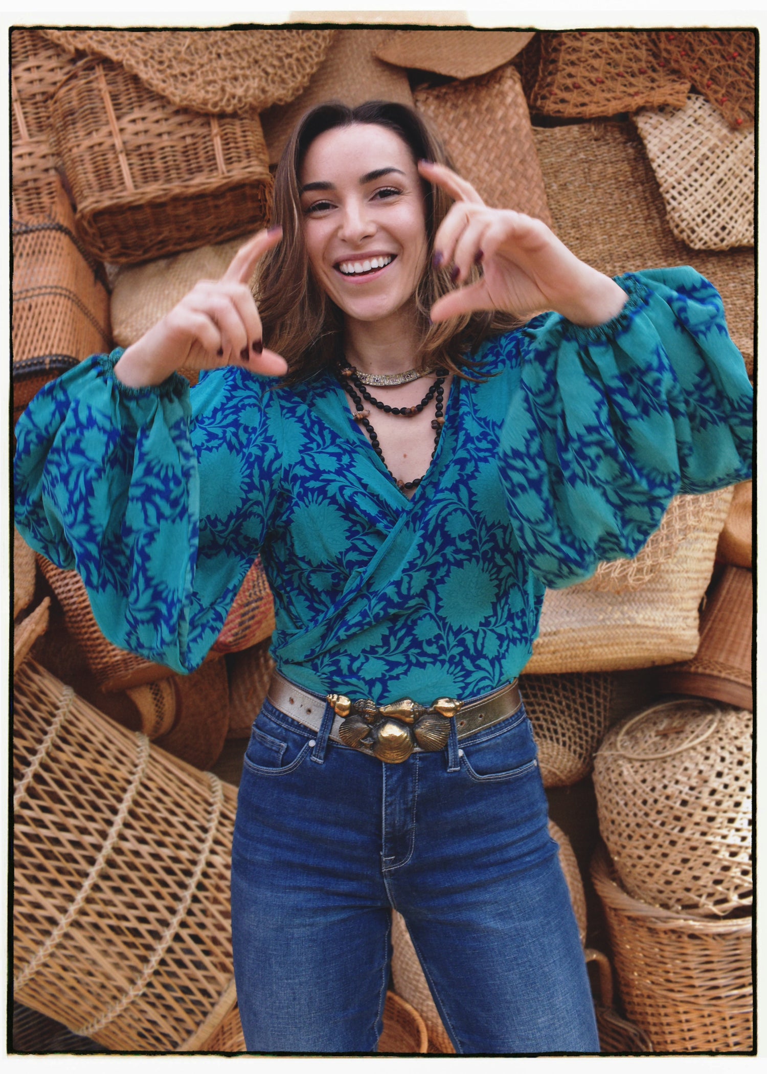 Hoya Silk Crepe Balloon Sleeve Wrap Top ~ Scuba L