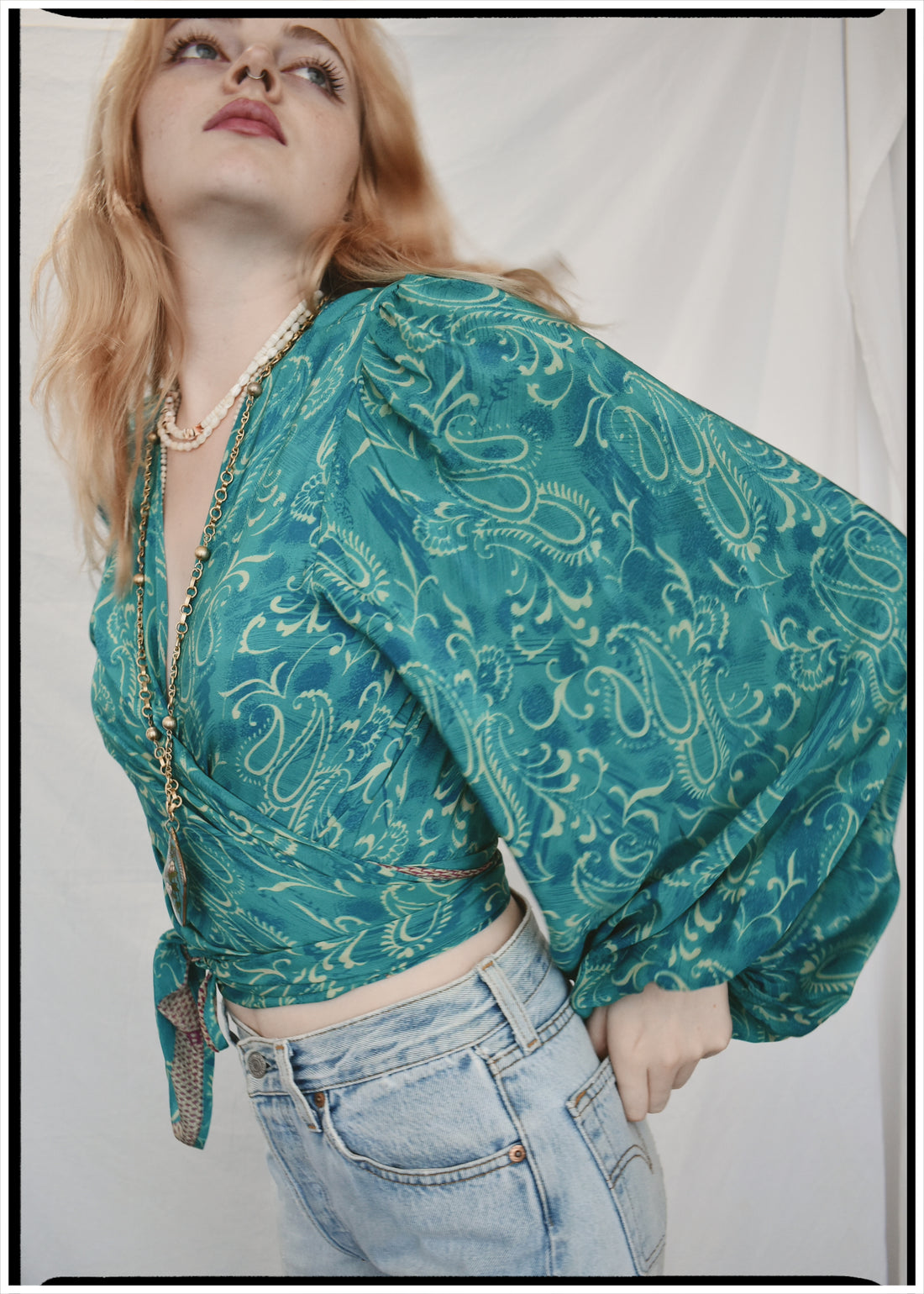 Hoya Silk Crepe Balloon Sleeve Wrap Top ~ Crystal S