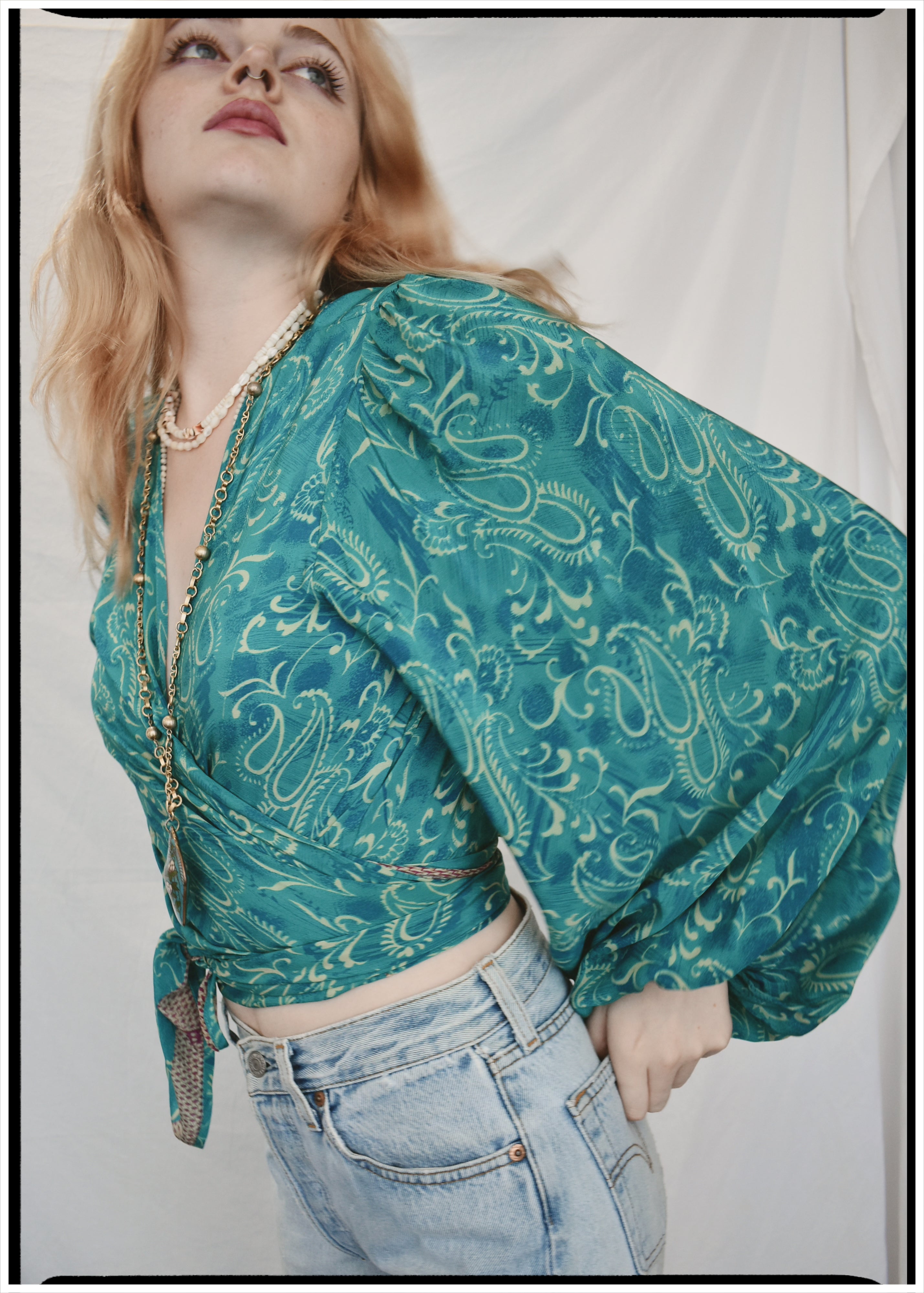 Hoya Silk Crepe Balloon Sleeve Wrap Top ~ Crystal S