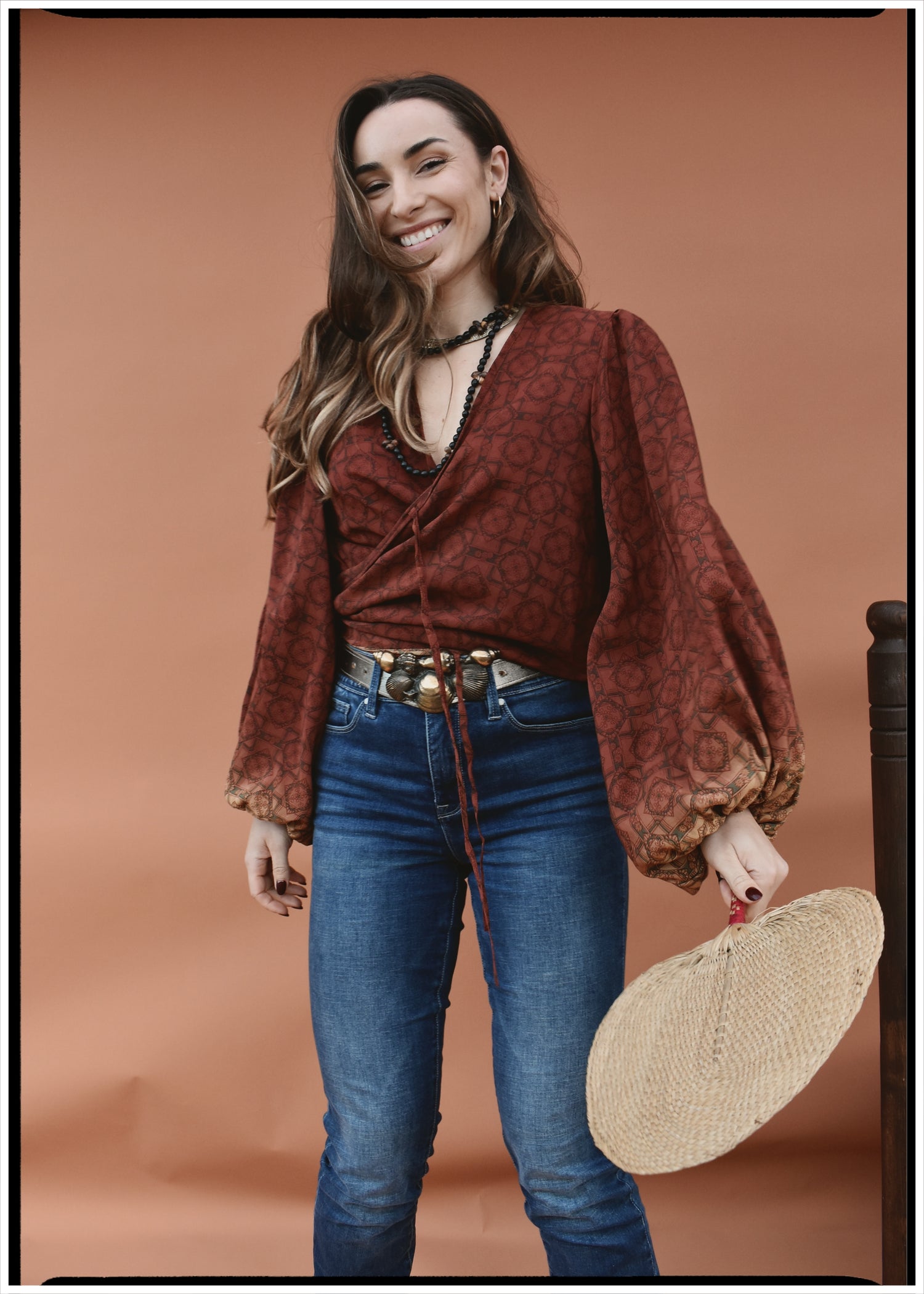 Hoya Silk Crepe Balloon Sleeve Wrap Top ~ Sequoia L