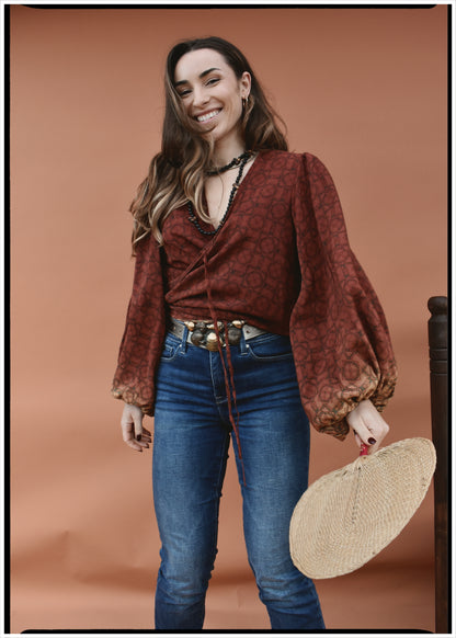Hoya Silk Crepe Balloon Sleeve Wrap Top ~ Sequoia L