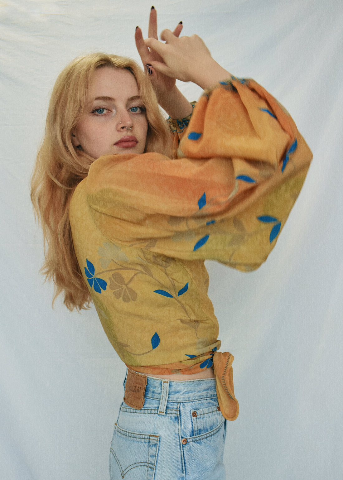 Hoya Silk Crepe Balloon Sleeve Wrap Top ~ Topaz M