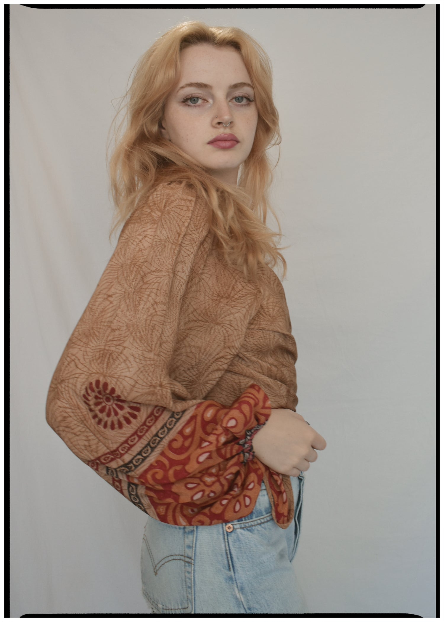 Hoya Silk Crepe Balloon Sleeve Wrap Top ~ Nougat L