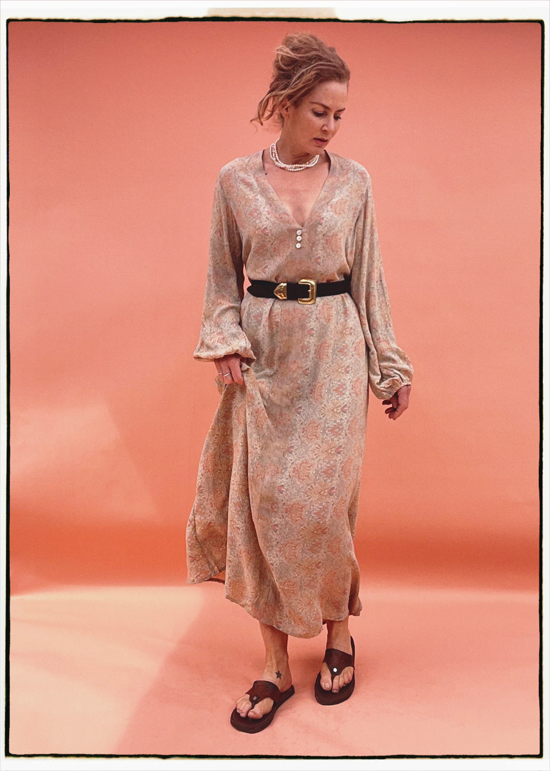 Zea Silk Crepe Kaftan Maxi Dress ~  Pearl XL