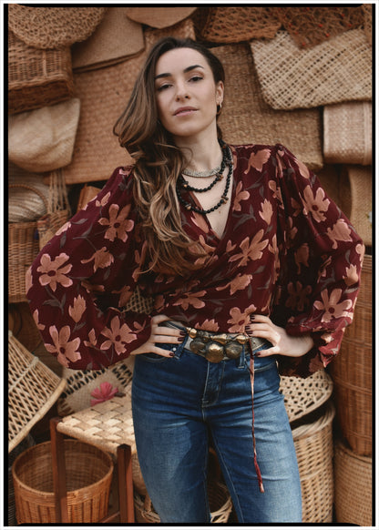 Hoya Silk Crepe Balloon Sleeve Wrap Top ~ Daphne L