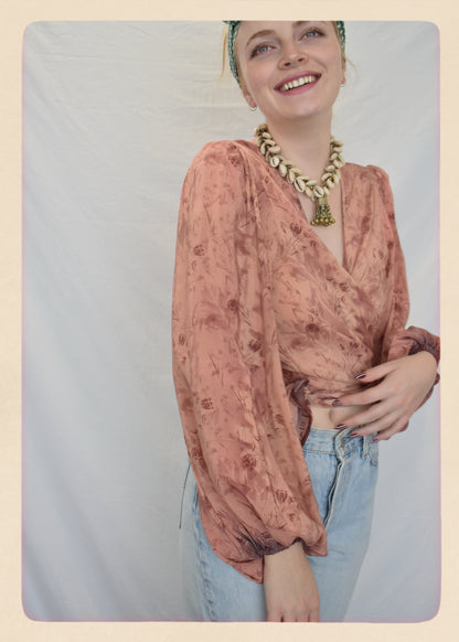 Hoya Silk Crepe Balloon Sleeve Wrap Top ~ Creole S