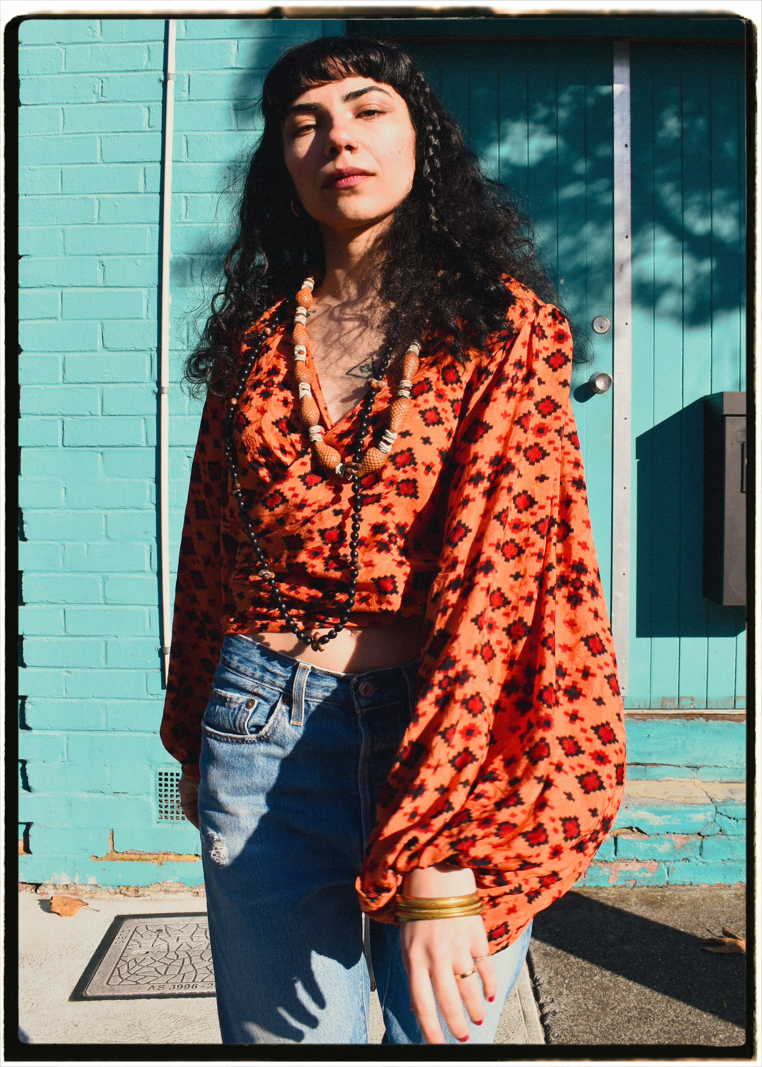 Hoya Silk Crepe Balloon Sleeve Wrap Top ~ Oriole M