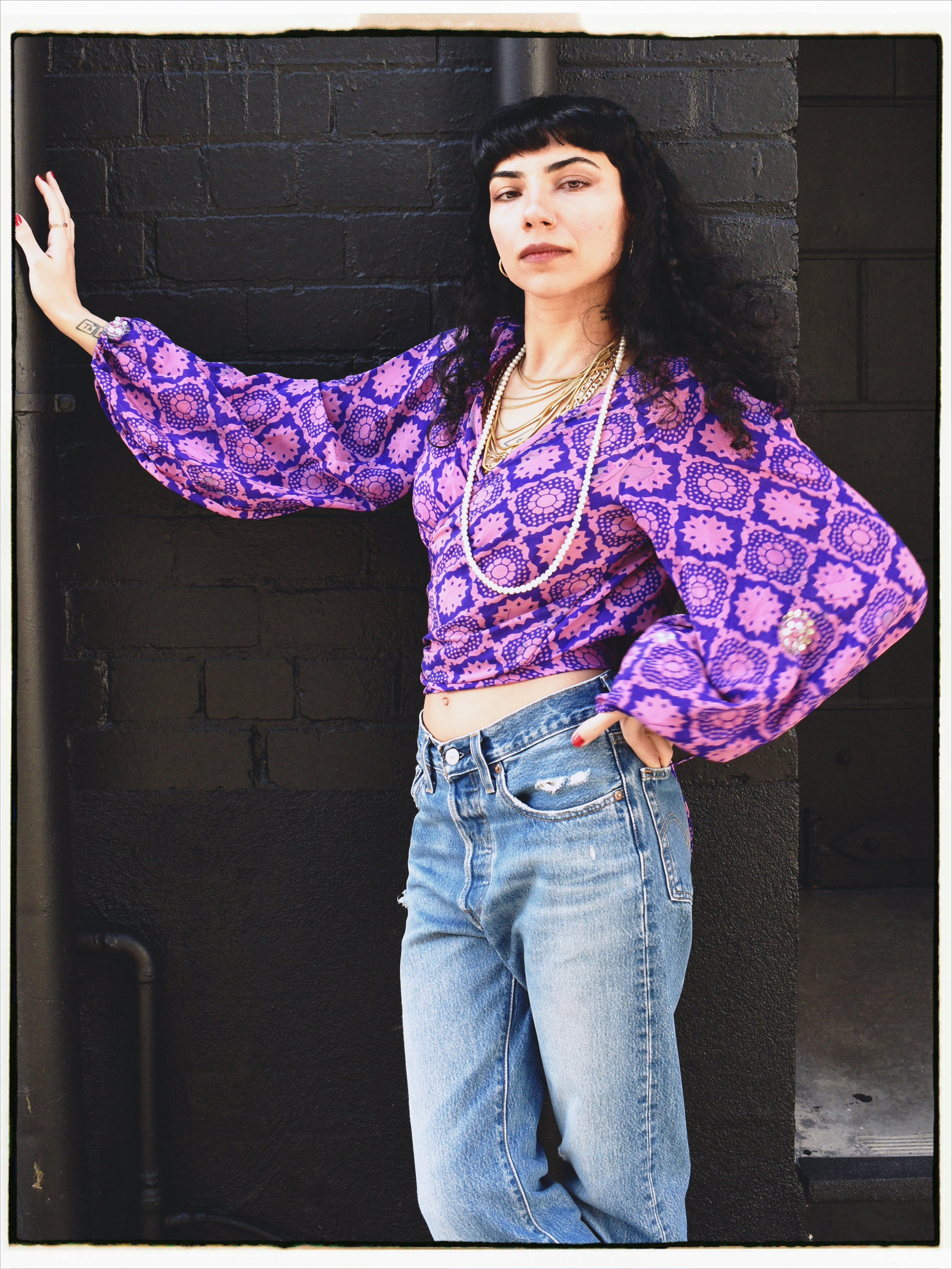 Hoya Silk Crepe Balloon Sleeve Wrap Top ~ Amaranth XS