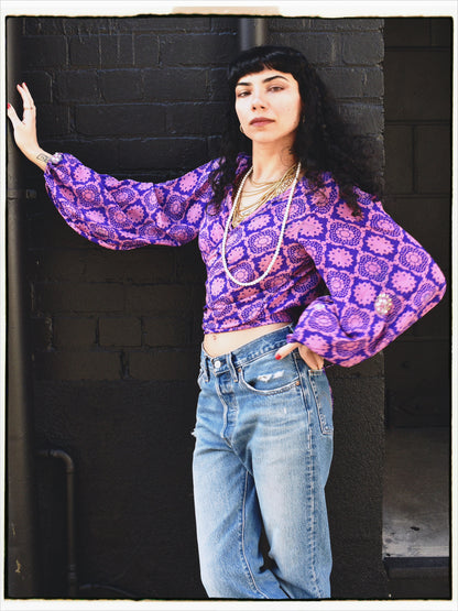 Hoya Silk Crepe Balloon Sleeve Wrap Top ~ Amaranth XS