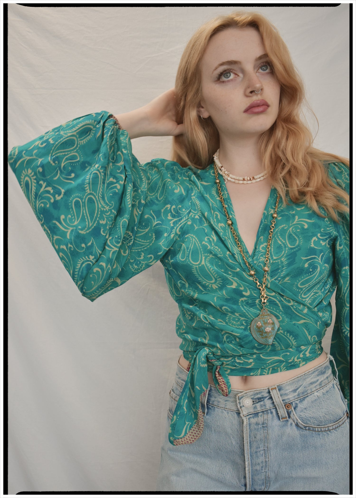 Hoya Silk Crepe Balloon Sleeve Wrap Top ~ Crystal S