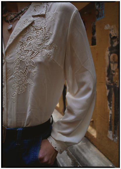 Tilia Silk Crepe Cut-Work Embroidered Shirt ~ Antique White