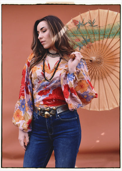 Hoya Silk Crepe Balloon Sleeve Wrap Top ~ Flora L