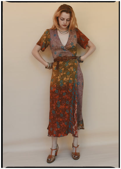 Liatris Silk Crepe Flutter Sleeve Wrap Dress ~ Persimmon XS