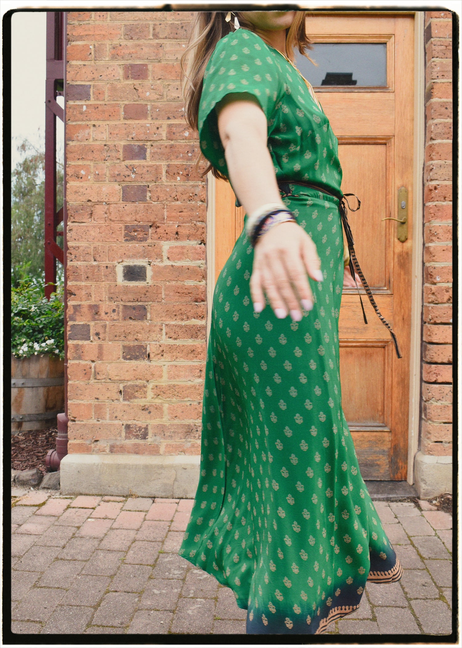 Liatris Silk Crepe Flutter Sleeve Wrap Dress ~ Emerald L