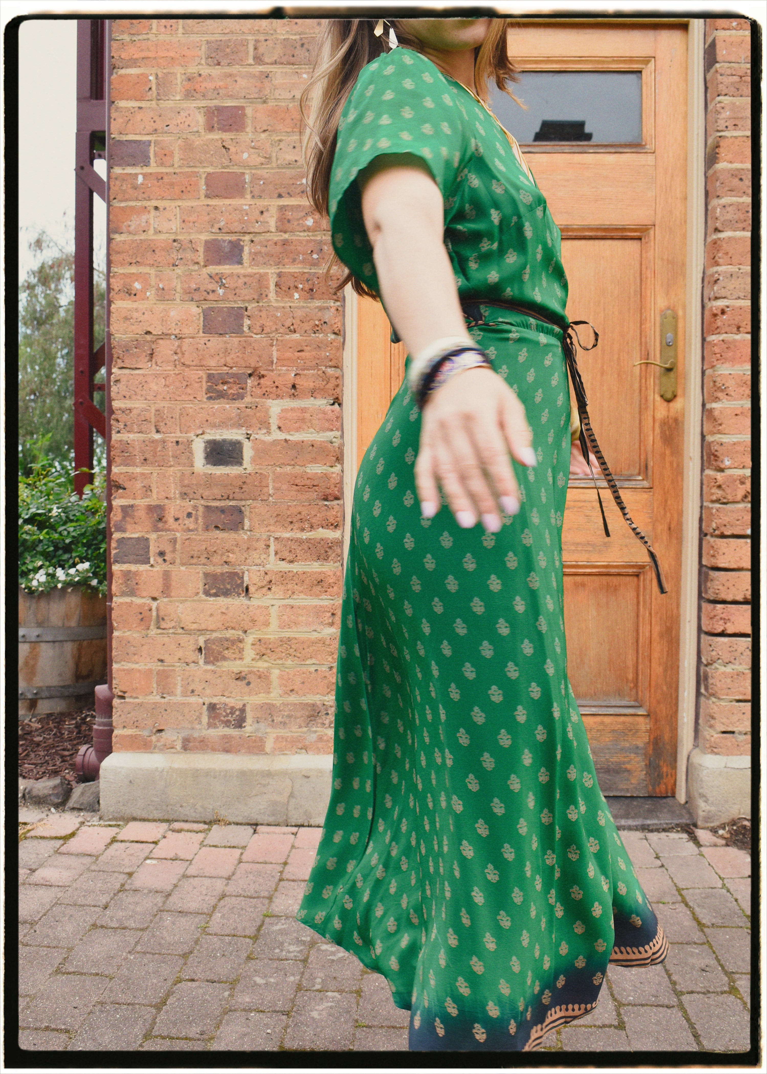 Liatris Silk Crepe Flutter Sleeve Wrap Dress ~ Emerald L
