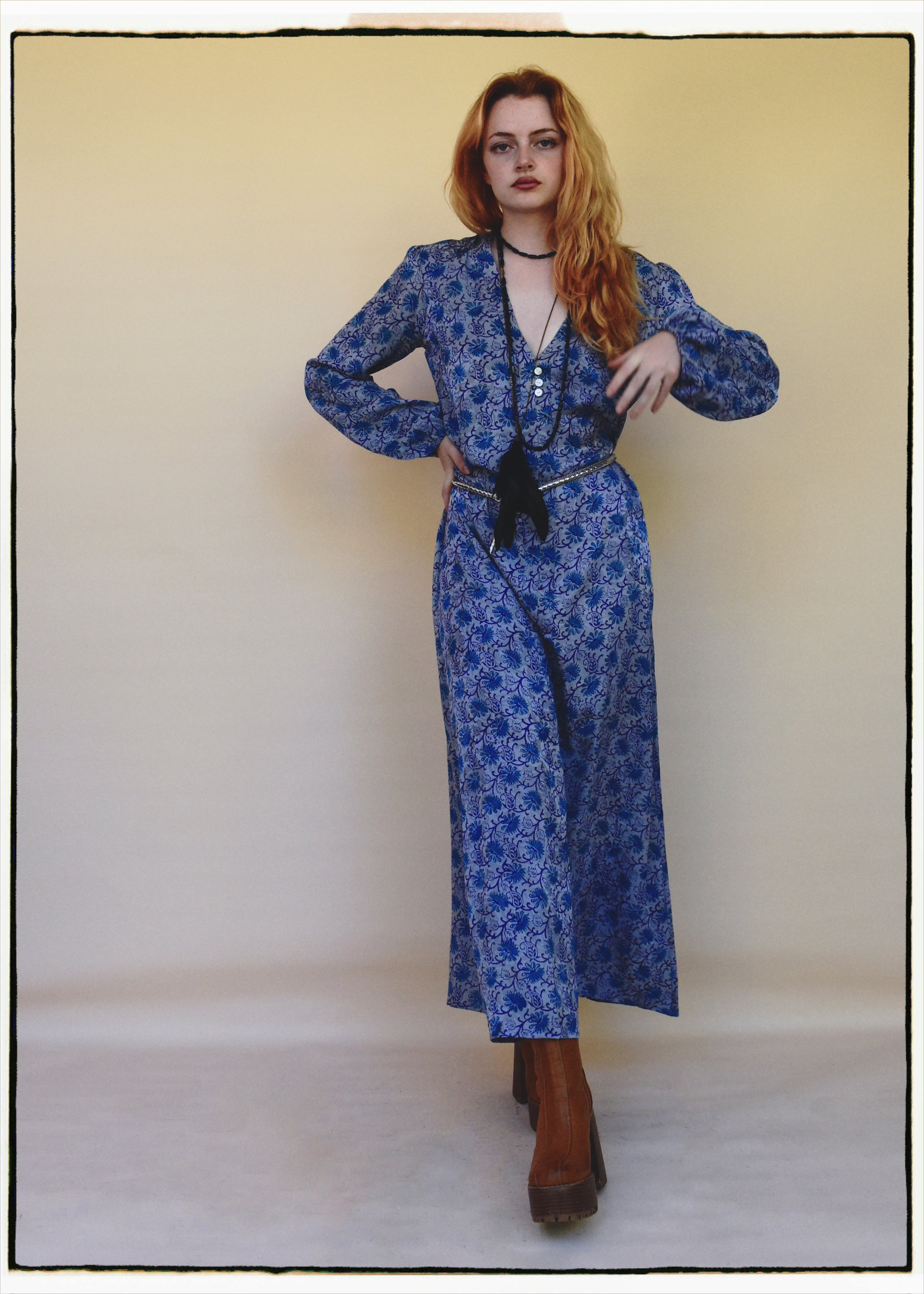 Zea Silk Crepe Kaftan Maxi Dress ~  Aquarius XS