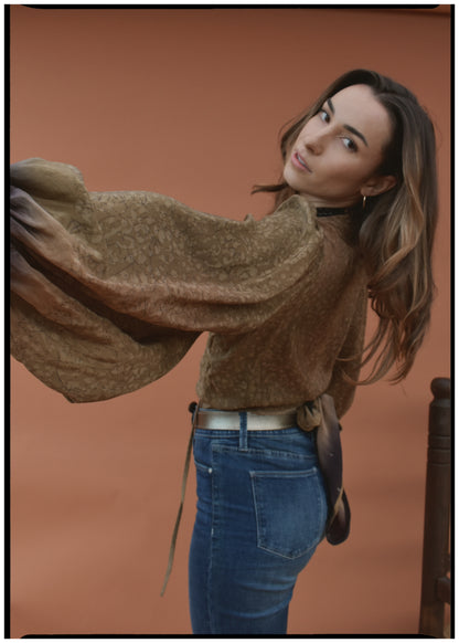 Hoya Silk Crepe Balloon Sleeve Wrap Top ~ Lava L